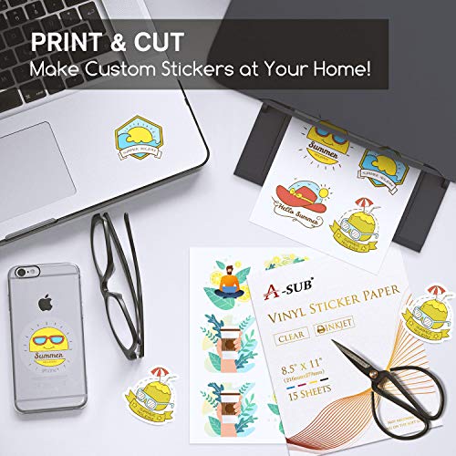 A-Sub Clear Sticker Paper For Inkjet Printers - Waterproof Transparent Printable Vinyl Sticker Paper - 15 Sheets 8.5X11 Inch Glossy Clear Label Paper For Custom Stickers, Decals #TOP2
