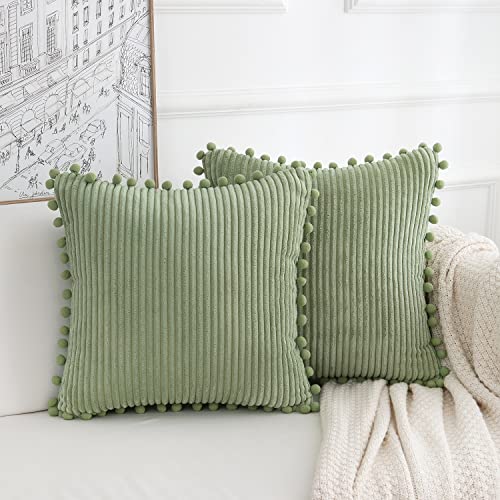 Qidordour Pack of 2 Sage Green Throw Pillow Covers 45 x 45 cm Soft Striped Corduroy Boho Farmhouse Decorative Pillow Covers with Pom Poms Square Cushion Covers for Couch Sofa Bed Chair Outdoor