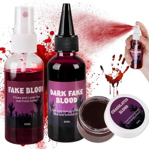 Halloween Kunstblut Fake Blood 3er Set - 60ml Kunstblut Spray + 60ml Tropfendes Blut + 30g Geronnenes Blutplasma, Abwaschbar Fake...