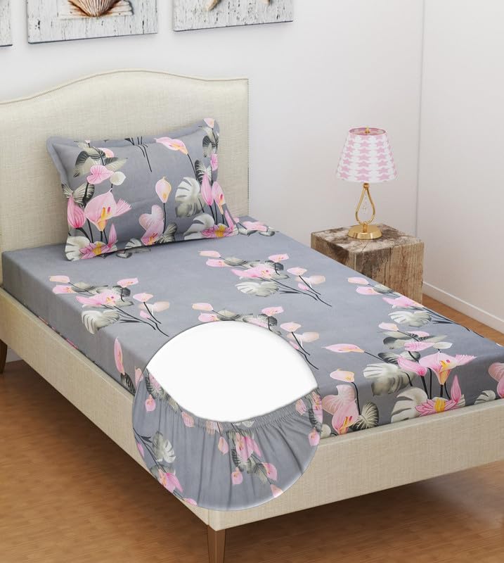 Luxury Trends Premium Cotton Elastic Fitted Bedsheets with 1 Pillow Covers | Single Mattress Bed with All Around Elastic 160tc Supersoft | Size - 36 x 72 +6 inches | Grey Pink (B0D111X3FP) Amazon Price History, Amazon Price Tracker