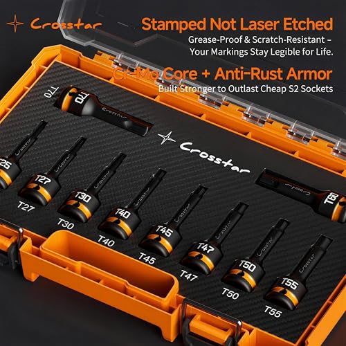 Image of Crosstar 10-Piece Impact Torx Bit Socket Set(T25~T70), 1 /2 inch Drive Cr-Mo Steel, Long High Impact Star Sockets for Automotive & Heavy-Duty Use, Professional Mechanic Tools with Transparent Case