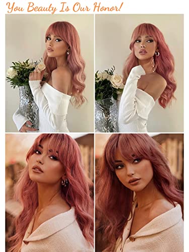 Honygebia Pink Wig with Fringe, Long Wavy Ombre Pink Wigs for Women Synthetic Heat Resistant Natural Looking Hair - Image 2
