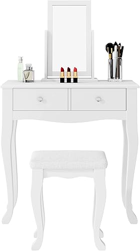 Miniatura 7 de soges Juego de tocador de maquillaje, escritorio de tocador con espejo, escritorio de 2 cajones, espejo de rotación de 360°, taburete acolchado,