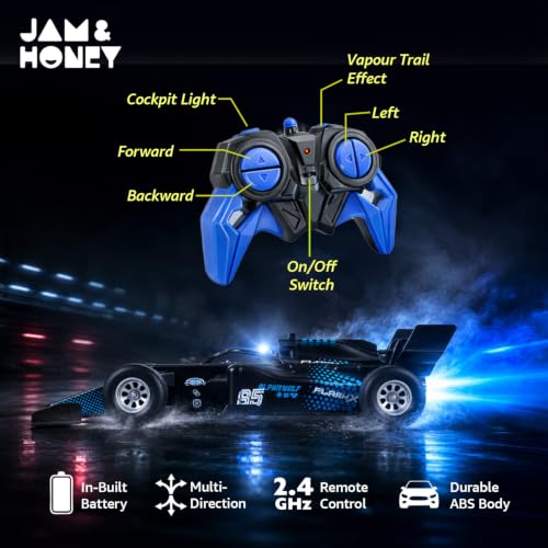 Image of Amazon Brand - Jam & Honey Formula F1 RC Racing Car for Kids | 2.4GHz Remote (100+ ft Range) | Mist Smoke Effect | LED Lights | USB Type-C Rechargeable | Multi-Direction Control | Black|4+ Years