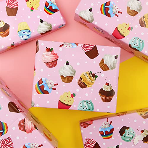 Boerni Pink Birthday Wrapping Papers, 6 Sheets Cupcake Muffin Printed Pattern Wrap Papers, 20 X 28 Inch Per Sheet Folded Flat With 1 Roll Pink Ribbon For Baby Shower Wedding Girls Gift Wrap #TOP3