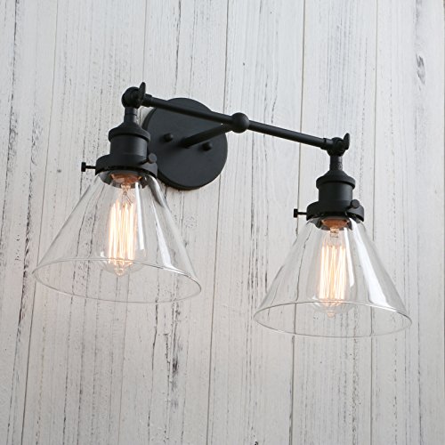 Image of Industrial Double Sconce 2-Lights Wall Sconces with Dual Funnel Clear Glass Shade Wall Sconce for Mirror Hallway Bedroom, Hardwired, E26 Base (Black)