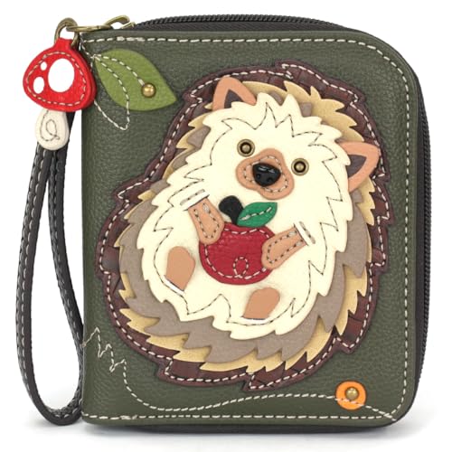 Image of CHALA Zip Around Wallet, Wristlet, 8 Credit Card Slots, Sturdy Pu Leather- Hedgehog A - olive