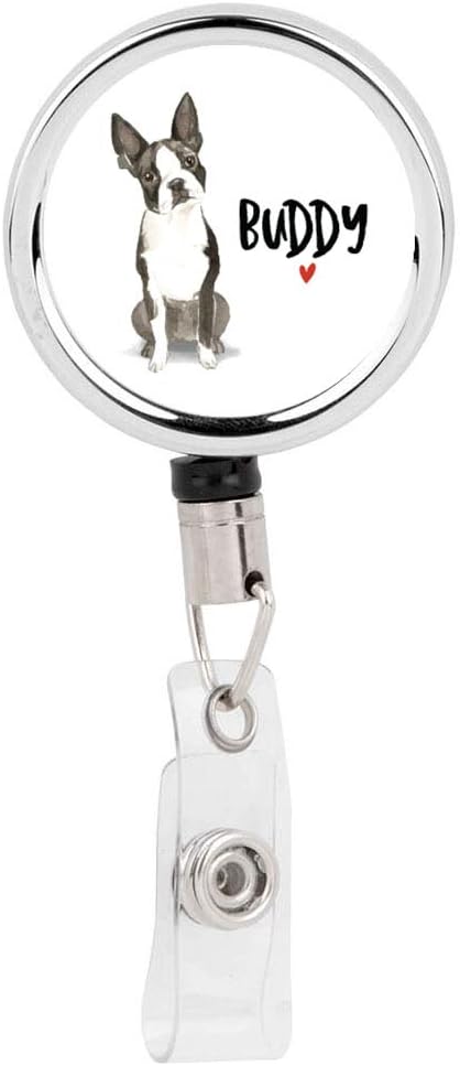 Andaz Press Retractable Badge Reel Holder with Clip, Heavy Duty Metal Name Tag Retractable ID Key Belt Clip Boston Terrier, Custom Name Pet Dog Lover
