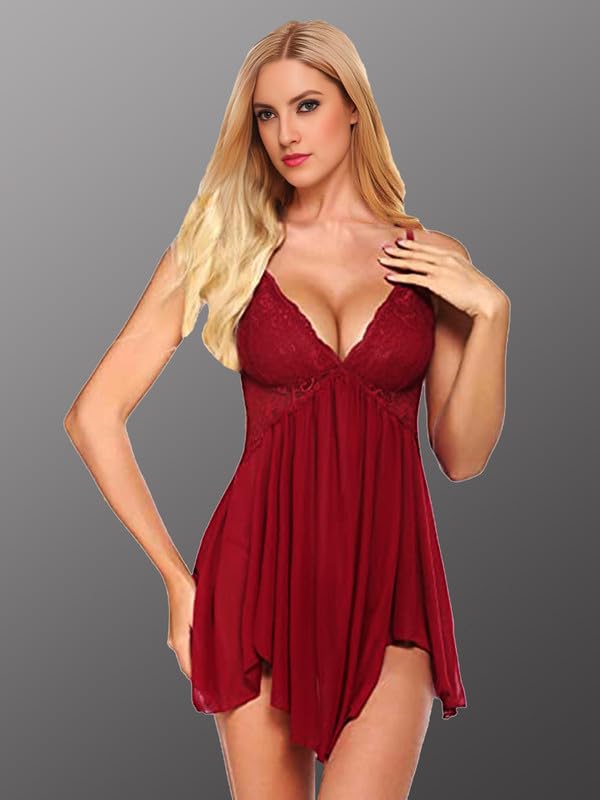 Image of Babydoll Lace Nighty with Adjustable Straps Above Knee V Neck S-3XL