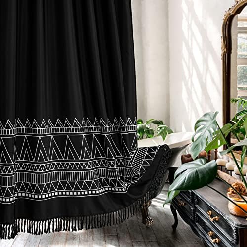 MitoVilla Black Boho Shower Curtain Set with Hooks, Modern Farmhouse Fabric Shower Curtains for Country Bathroom Decor, Abstract Tribal Geometric Shower Curtain with Tassel, 72 x 72