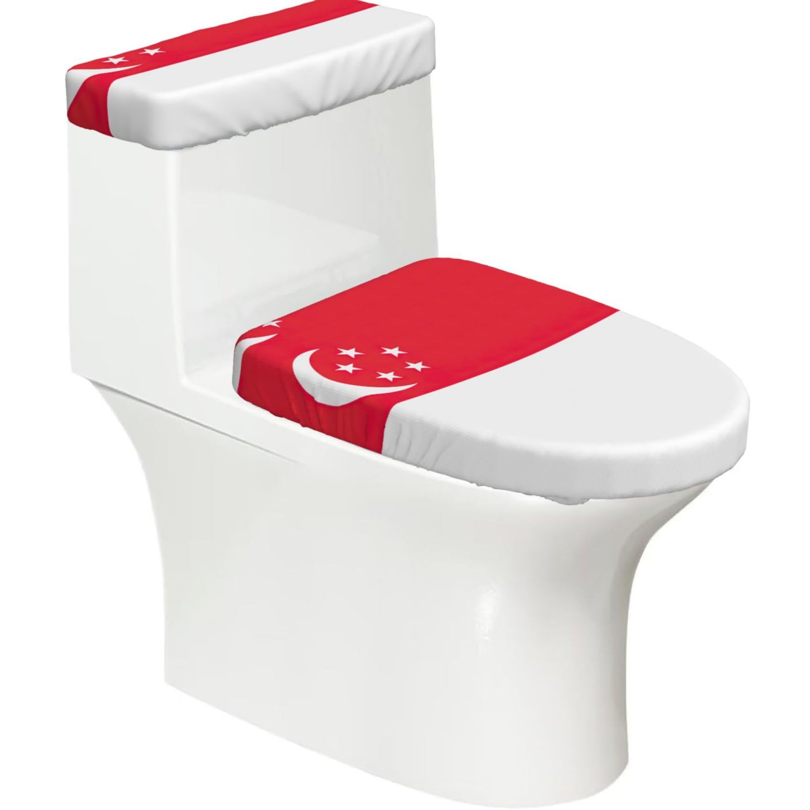 Singapore Flag Print Toilet Covers Set With Elastic Bottom, Universal Toilet Lid And Toilet Tank Covers