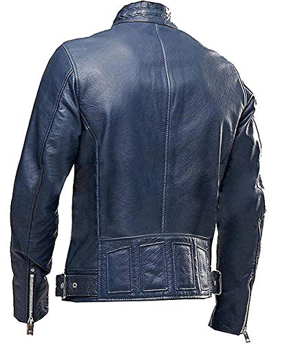 Image of Men's Leather Jacket Cafe Racer Biker Style Retro Stripes Jacket, Motorcycle Racing Leather Jacket (US, Alpha, 4X-Large, Regular, Regular, S18) Navy Blue Biker Jacket