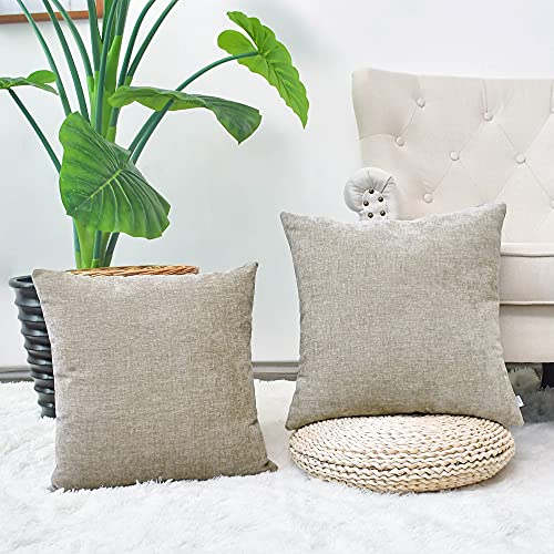 Image of CaliTime Pack of 2 Cozy Throw Pillow Covers Cases for Couch Sofa Home Decoration Solid Dyed Soft Chenille 12 X 12 Inches Light Taupe