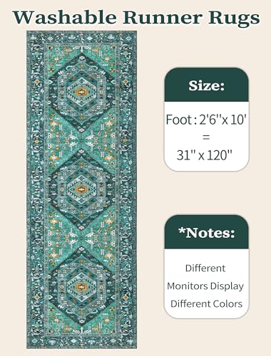 SERISSA Boho Washable Runner Rug, 2'6"x10' Long Rug Runner Non-Slip Vintage Teal Hallway Kitchen Stair Runner Rug Ultra Soft Print Distressed Floor Carpet Runner for Bedroom Bathroom Laundry Room