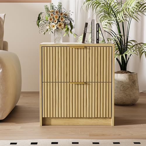 Image of Fluted Nightstands Set of 2 with 2 Drawers, 19.6 inch Modern Storage Bedside Table with Golden Metal Handles, Nature