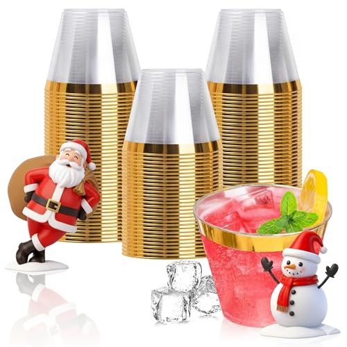 Goodluck 100PCS 9oz Gold Plastic Cups for Party, Disposable Gold Rim Cups, Plastic Cocktail Glasses for Wedding Thanksgiving, Christmas, and Parties