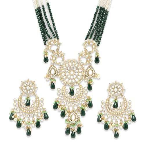 Image of Karatcart Gold Plated Green Crystal and Pearl Studded Kundan Rani-Haar Necklace Set for Women