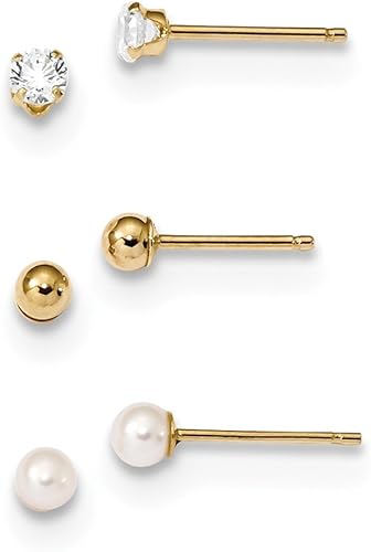 Juego de 3 pares de aretes de oro amarillo macizo de 14 quilates, circonita cúbica y perlas cultivadas de agua dulce (0.130 in x 0.130 in),