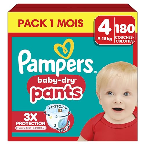 Pampers - Pampers Baby-Dry Pants, Taille 4, 180 Couches-Culottes, 9-15kg, Maintien 360° Contre Les Fuites Avec Une Poche Stop & Protect Pour Une Nuit Jusqu'à 100% Sans Fuites, Pack 1 Mois - -12%