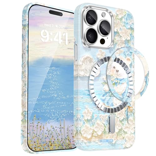Coque iPhone 15 Pro Magsafe Fingic fleur peinture 3D phosphorescente