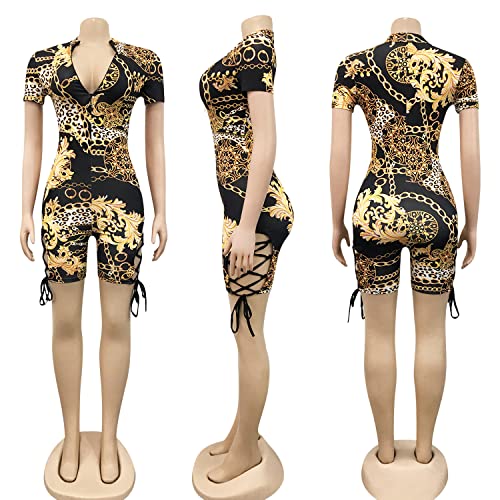 Zoctuo Women's Sexy Bodycon Jumpsuit Deep V Zipper Neck Short Sleeve Club Romper Clubwear(5102,Leopard Chain,Xxl) #TOP4