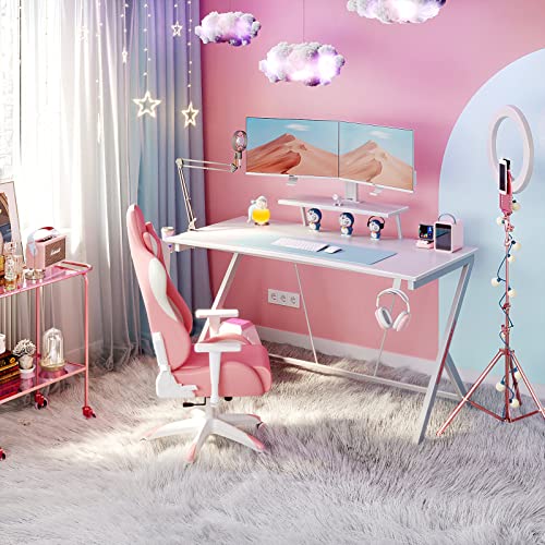 Motpk White Gaming Desk 55" With Monitor Shelf Computer Desk Gaming Table Desk For Girls With Cup Holder And Headphone Hook Gamer Workstation Game Table, Gift For Girls Women #TOP1