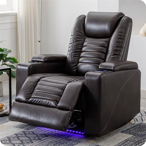 Qkff Leather Power Recliner Chair, Electric Reclining Chair With Adjustable Headrest,Hidden Arm Storage And 2 Led Lighted Cup Holders For Living Room, Home Theater (Brown) #TOP9