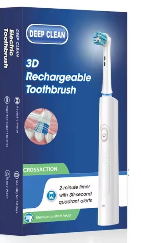 Cepillo de dientes eléctrico giratorio, 4 cabezales de repuesto, temporizador de 2 minutos, 3 modos de limpieza, recargable 220 V, blanco