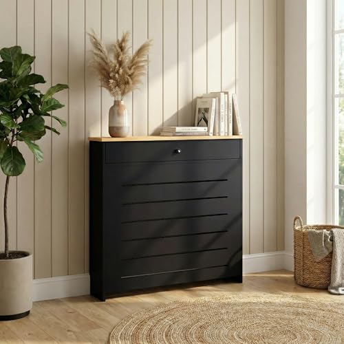 DuraTherm® Radiator Cover Black Painted MDF Cabinet Horizontal Slat Storage Drawers & Shelf, Radiator Cabinets for Office Hallway Living Room Bedroom, Small (H: 96cm / W: 78cm / D: 19cm)