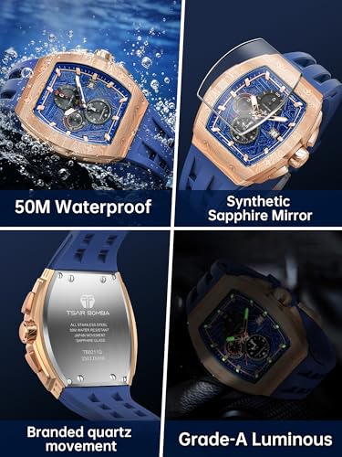 Image of Tsar Bomba Mens Watches Quartz Wristwatch for Men Waterproof 50M Analog Luxury Tonneau Chronograph Calendar Date Men's Dress Business Work Watch Gift for Men