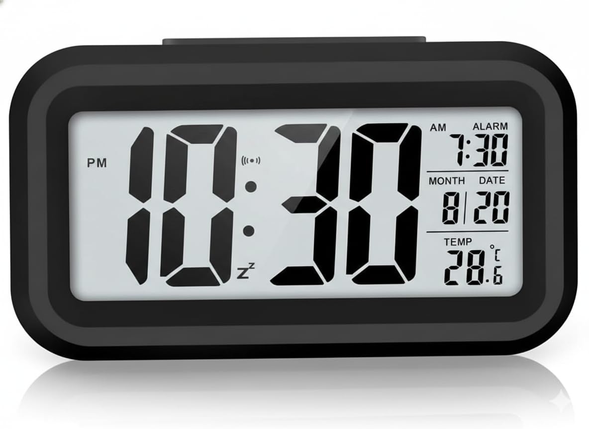 VHP Alarm Clock, Digital Table Clock for Students, Home, Office, Bedroom, Study | Battery Operated LED Display with Auto Sensor, Time, Date & Temperature, Gift for Students & Heavy Sleepers (Black)-image-31