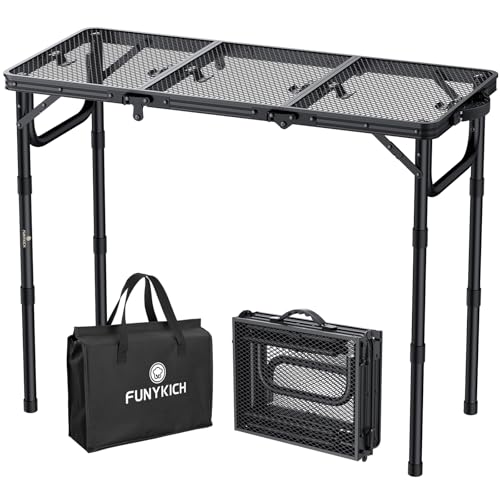 FUNYKICH Table Pliante d'Extérieur/Camping 87x40cm (3 Hauteurs:26.2/48.1/70cm) en Aluminium Léger avec Plateau Filet Métallique - Portable et Stable Capacité 30kg - Idéal pour Barbecue, Jardin (Noir)