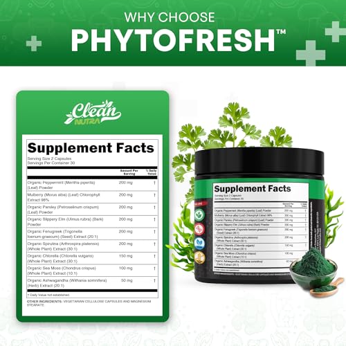 Clean Nutra Chlorophyll Capsules Supplement Internal Deodorant Peppermint, Sea Moss, Parsley, Chlorella, Spirulina, Slippery Elm, Ashwagandha, PhytoFresh Greens Detox Pills - Image 3