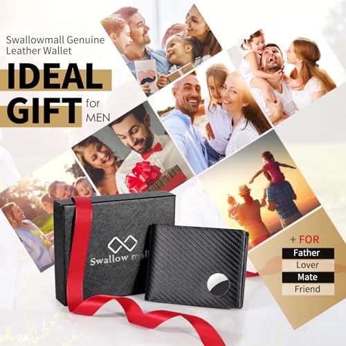 Image of Swallowmall AirTag Wallet Mens RFID Blocking Genuine Leather Bifold Men's Wallet For air tag with 1 ID Window 13 Card Holders BlackStripe(Airtag Not included)