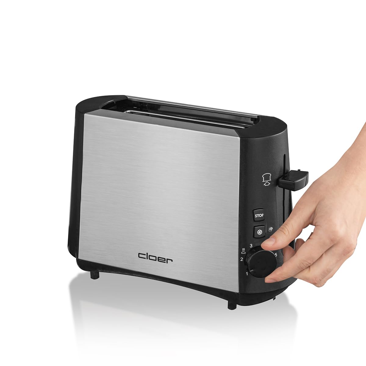 Cloer 3890 Mini-grille-pain pour 1 tranche de toast, Touche Décongélation, Tiroir à miette, Élevateur de tranches de pain, 600 W, Boîtier métallique thermo-isolant finition mate