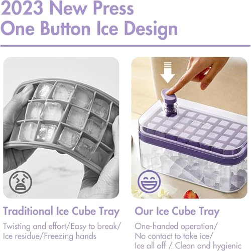 Image of Homecloud 2-Layer Ice Cube Tray with Lid & Bin - BPA-Free Square Ice Cube Molds with Scoop, Easy One-Tap Release, Space-Saving Ice Storage Container, Makes 64 Cubes (Purple)