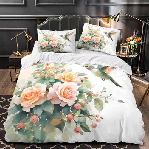 Parure de lit colibri et roses housse de couette microfibre 135x200cm pour adulte - 2