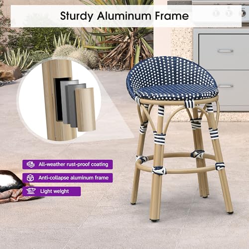 Image of PURPLE LEAF Patio Oversized Backrest Counter Height Stool Set of 1 Outdoor Round Barstools Aluminum Frame in Champagne Finish Woven Rattan for Indoor Kitchen Dining Bistros Cafe Restaurant Navy Blue