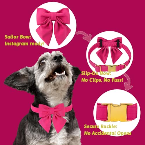 Maca Bates Hot Pink Dog Collar with Cute Rose Red Solid Sailor Bow Tie,Small Girl Boy Dogs,Girly Adjustbale Durable Breakaway Soft Collars with Bowtie for Female Male Puppy,Pet with Metal Buckle - Image 5