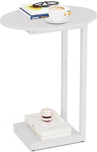 Hosfais Mesa auxiliar pequeña mesa auxiliar ovalada en forma de C, bandeja de TV de madera para sala de estar, dormitorio, sofá, espacios pequeños
