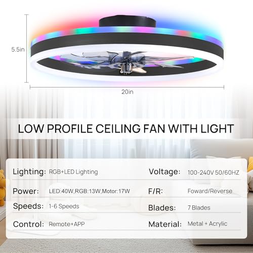 Image of 20 inch RGB Ceiling Fans with Lights and Remote /APP, Dimmable 3000-6500K LED Low Profile Ceiling Fan with Light, Modern Fandelier Flush Mount Ceiling Fan Light for Living Room, Bedroom and Kitchen