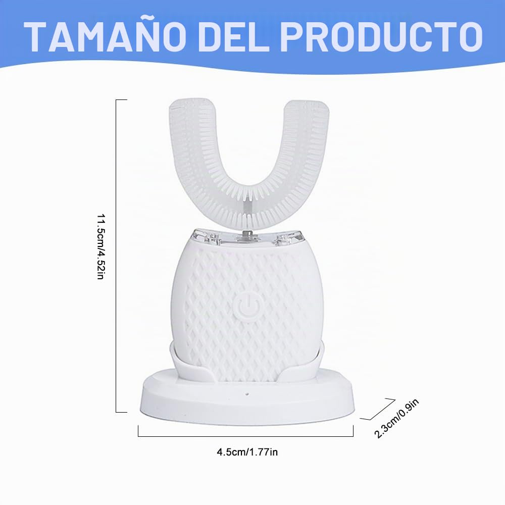 Cepillo de Dientes Ultrasónico Automático, Cepillo de Dientes Eléctrico Ultrasónico Automático de 360° en Silicona Forma de U, 3 Niveles de Intensidad, 45 S Temporizador, IPX7 Impermeable