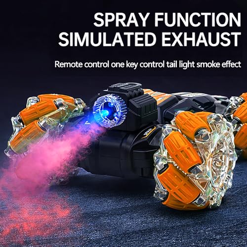 Image of VGRASSP Dual Control Twisting Drift Stunt Mist Car Toy for Kids with Remote Control and Gesture Wrist Controller - Rechargeable 360 Rotating Smoke RC Car Toy with LED Lights, Sound Effects - Orange
