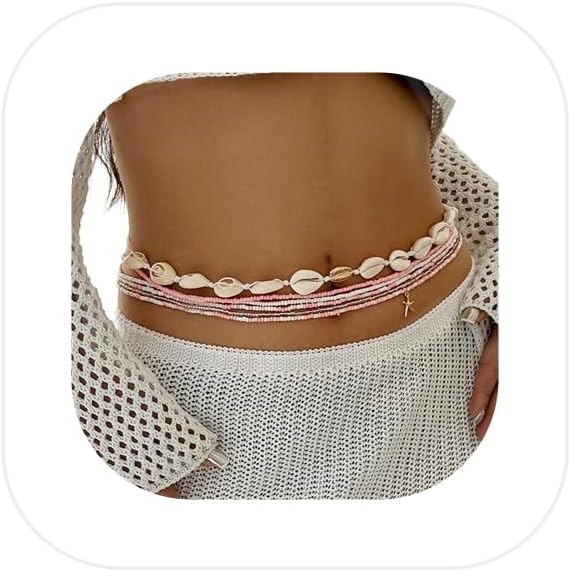 6Pcs/Set Stretchy Layered Beaded Waist Chain Jewelry - Boho White Seashell Tassel Waist Belly Chain Summer Beach Gold Starfish Body Jewelry for Women