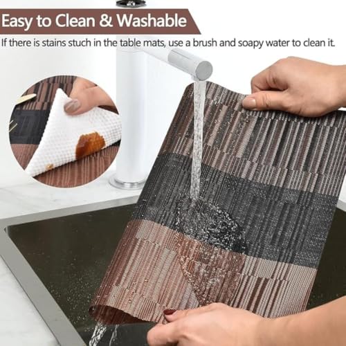 Image of Potency Table Mats Set of 4, Woven Placemate for Dining Table, Heat-Resistant Placemats Stain Resistant Anti-Skid Washable PVC Table Mats, Vinyl Placemats for Dining Kitchen Restaurant Table (A-Brown)