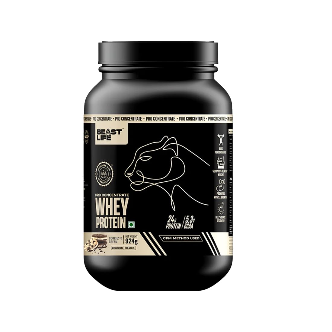 BeastLife Whey Protein 924g Cookie & Cream, 24g Protein, 5.3g BCAA, Ultrasorb Tech | High Absorption for Muscle Gain | Fast Recovery for Men & Women | Sports Nutrition