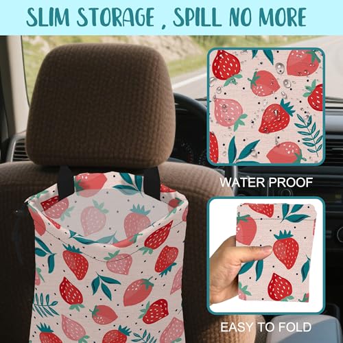 Image of Car Garbage Bag Strawberry Berries and Leaves Hanging Canvas Car Trash Bag Waterproof Drawstring Car Back Seat Organizer for Car Back Front Seat Console with Adjustable Buckle
