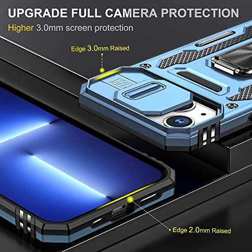 Image of Polycarbonate Slide Camera Cover with Ring Holder Mobile Phone Back Cover for iPhone 14 (Blue)