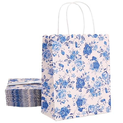 Sparkle and Bash Floral Party Favor Bags - 24-Pack, 10 x 8 x 4 In, Blue & Pink - Reusable Paper with Handles for Thank You Gift Bags at Wedding, Bridal & Baby Shower