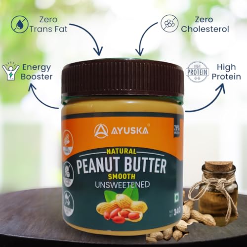 Image of Ayuska Natural Creamy Peanut Butter Unsweetened - 340g | Healthy Creamy Spread for Breakfast, Snacks & Gym Diet | No Sugar, Zero Trans Fat, Cholesterol-Free | Rich in Protein, Vitamin E & B3